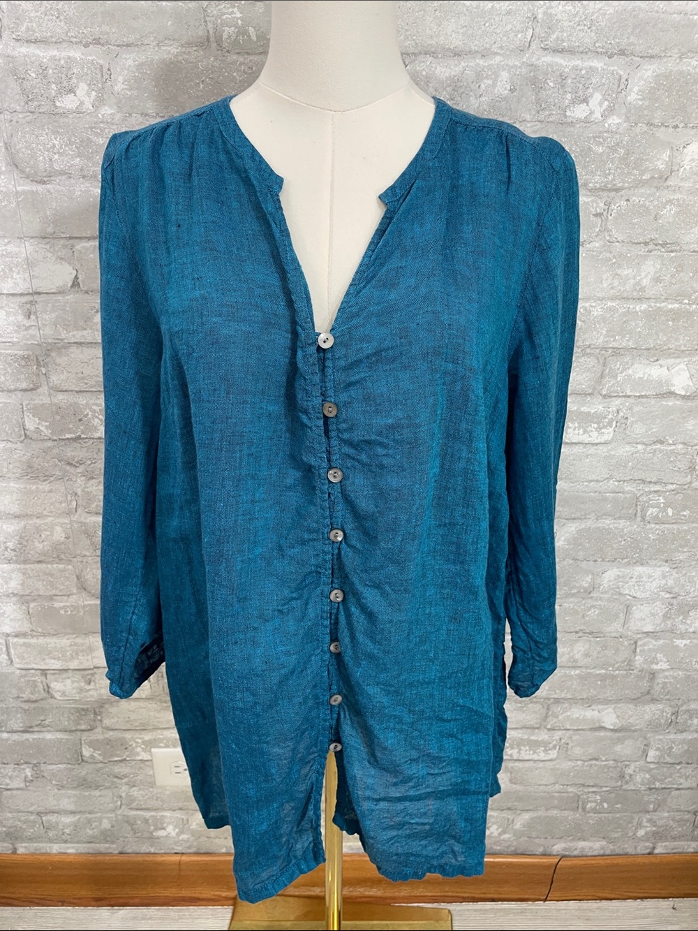 J.Jill Linen Button-Front Teal Long Sleeve Women's Top